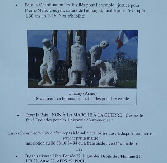 Trémargat 11 novembre cérémonie justice pour Pierre-Marie Guégan, fusillé pour l’exemple