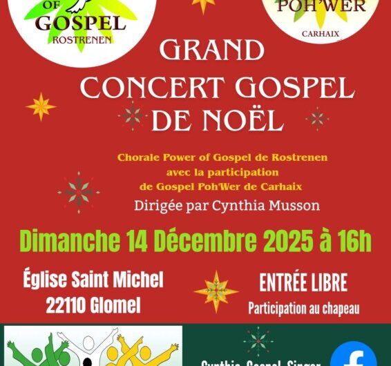 Grand Concert Gospel de Noël, dans l’Eglise Saint Michel à Glomel, le dimanche 14 décembre 2025 à 16h.