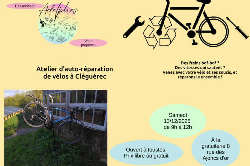 Atelier auto-réparation de vélos – gratuiterie de Cléguérec – 13 12 2025 de 9h à 12h