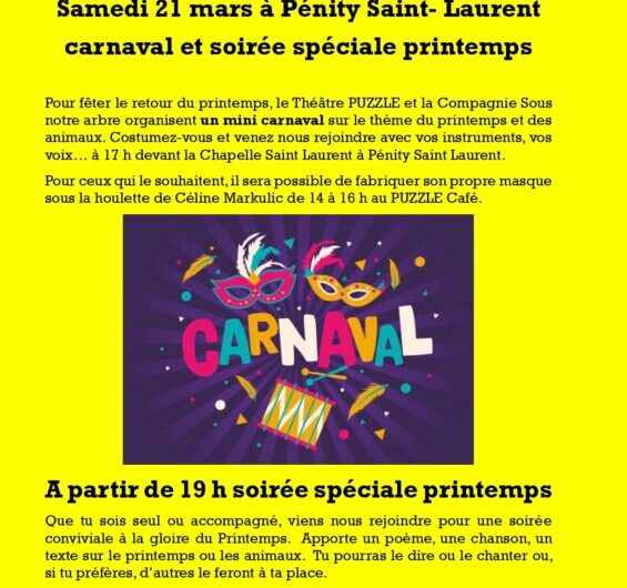 Samedi 21 mars à Pénity Saint- Laurent carnaval et soirée spéciale printemps