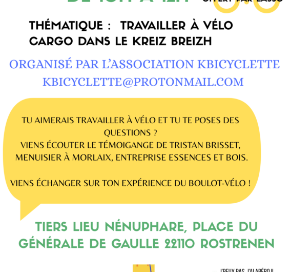 Apéro Vélo samedi 28 mars de 10h à 12h Tiers lieu Le Nénuphare à Rostrenen